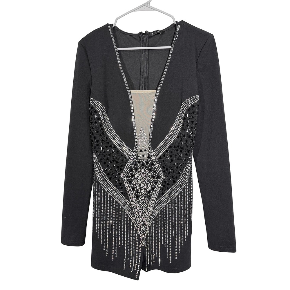 NWOT BANJUL Rhinestone Black Romper Mesh Plunge V Long Sleeve - Large